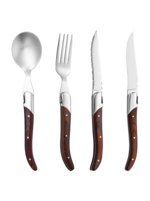 CT01# 单钢头餐具-刀+叉+右汤匙（红彩木柄）