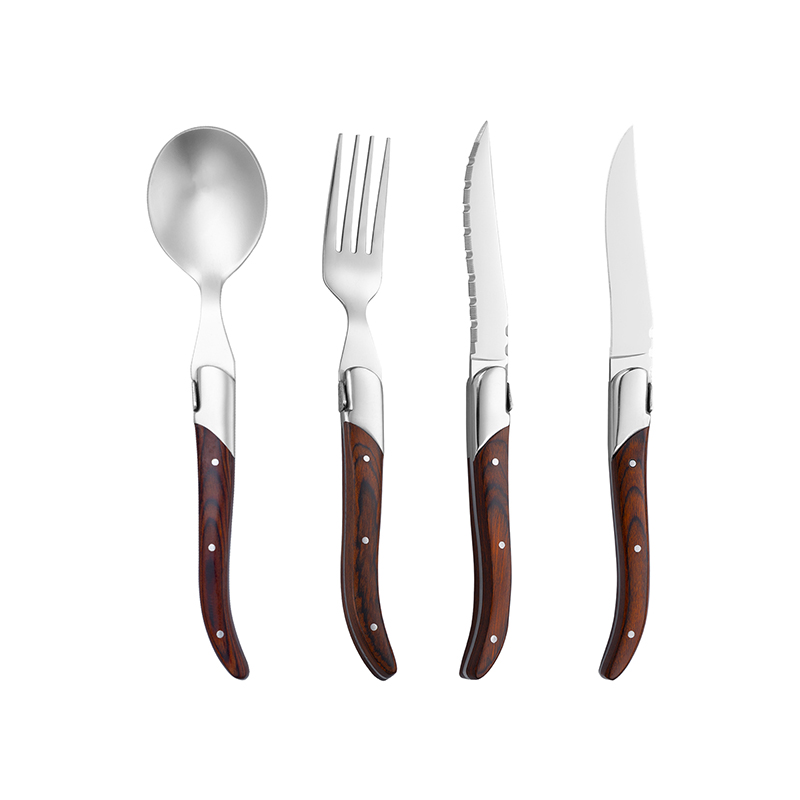 CT01# 单钢头餐具-刀+叉+右汤匙（红彩木柄）