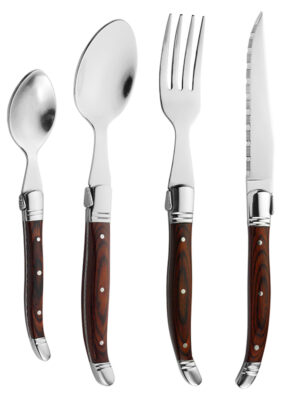 双钢头餐具-刀+叉+汤匙+茶匙（红彩木柄，蜜蜂）-1